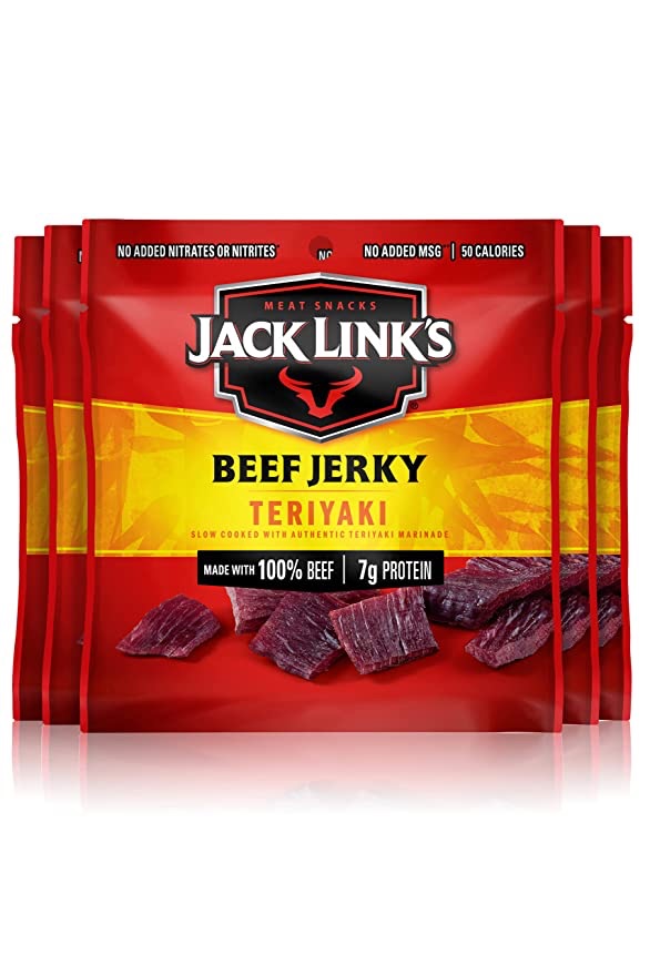 Amazon.com : Jack Link's Beef Jerky，5 件装 – 美味的午餐肉小吃，即食 – 7 克蛋白质，用优质牛肉制成 – 照烧，0.625 盎司袋装（包装可能有所不同）
