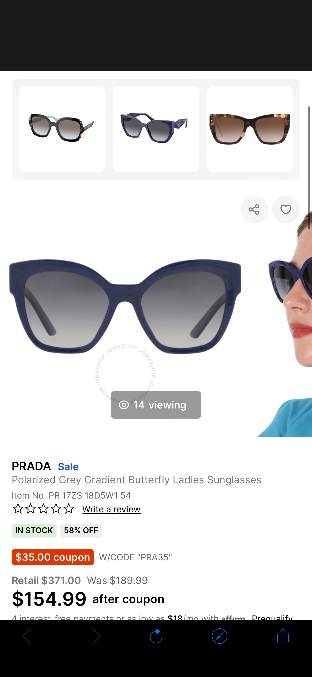 Prada Polarized Grey Gradient Butterfly Ladies Sunglasses PR 17ZS 18D5W1 54 8056597744003 - Sunglasses, Prada Sunglasses - Jomashop