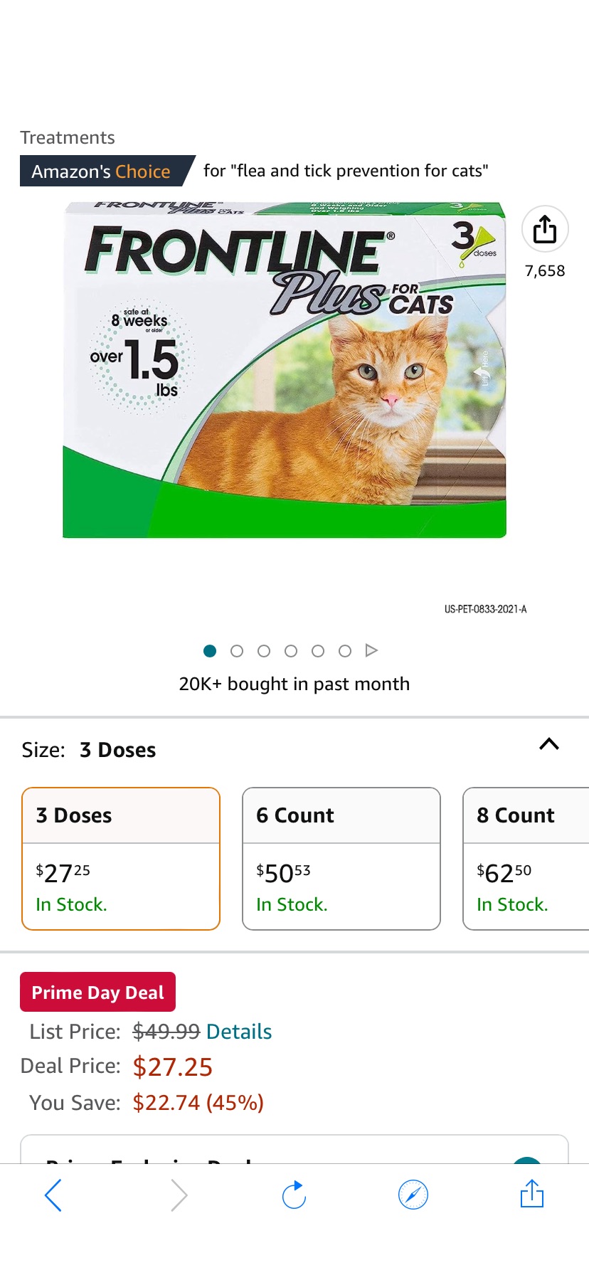 Amazon.com : FRONTLINE Plus 猫咪驱虫Flea and Tick Treatment for Cats Over 1.5 lbs., 3 Treatments : Pet Flea Drops : Pet Supplies