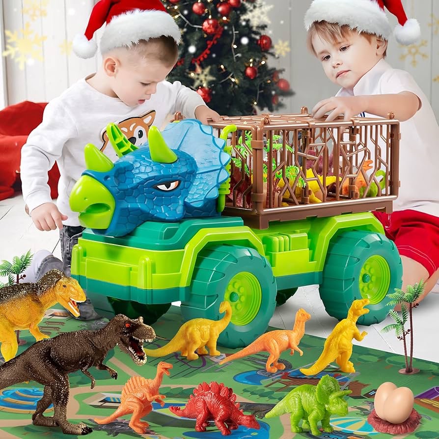 Amazon.com: TEMI Dinosaur Toys for Toddlers Kids 3-5, Triceratops Transport Car Carrier Truck with 8 Dino Figures, Play Mat, Dino Eggs and Trees, Capture Jurassic Dinosaurs Play Set for Boys and Girls