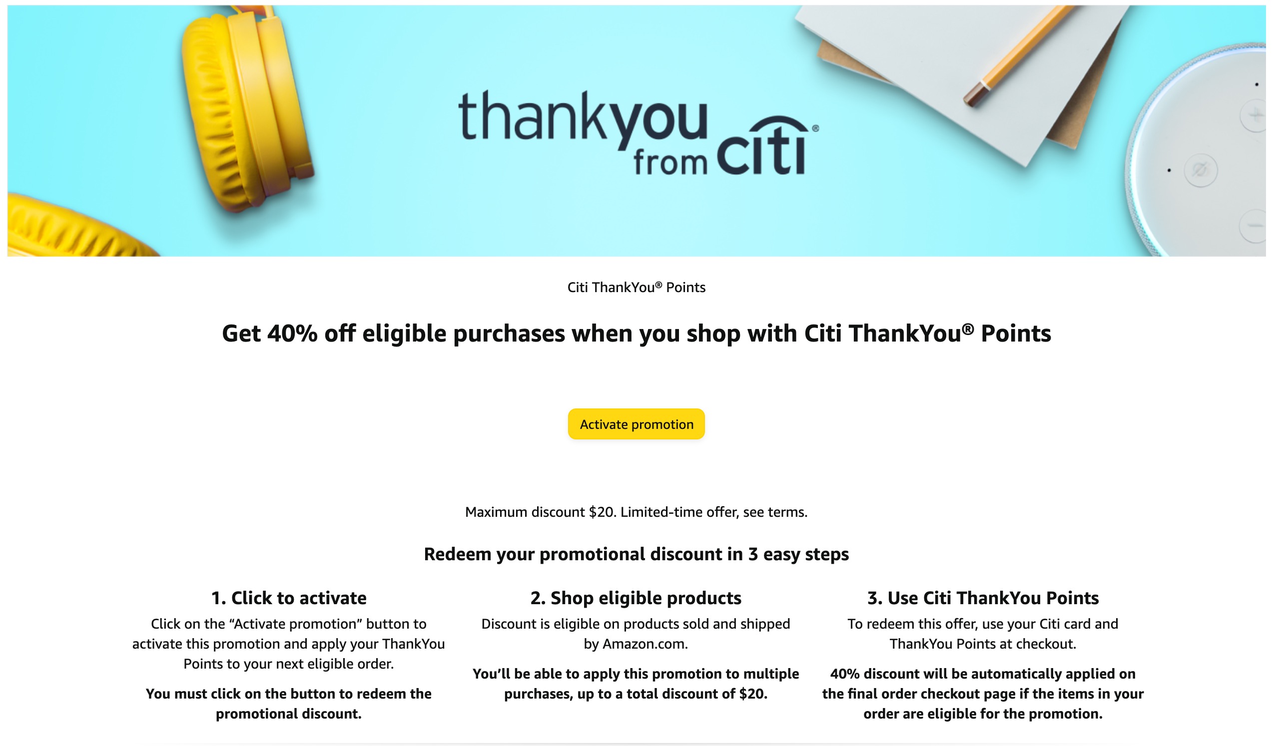 Citi Shop with Points Offers: Credit & Payment Cards Amazon用Citi ThankYou Points结算40%off
