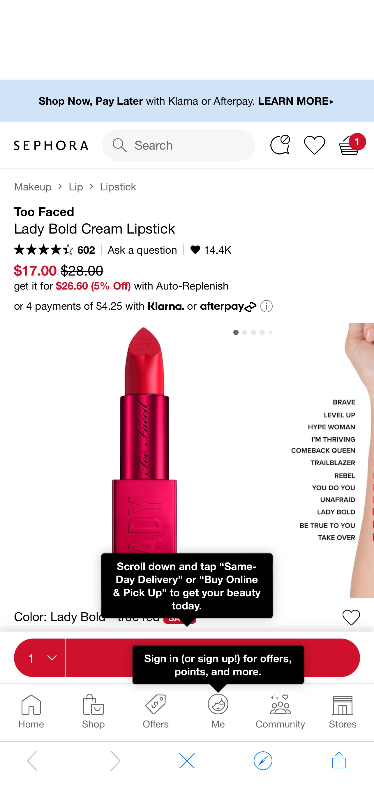 Lady Bold Cream Lipstick - Too Faced口红Sephora折扣区上新