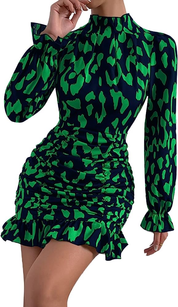 Amazon.com: GORGLITTER Women's Allover Print Mock Neck Flounce Sleeve Ruched Ruffle Hem Bodycon Dress Solid Green Small : Clothing, Shoes & Jewelry