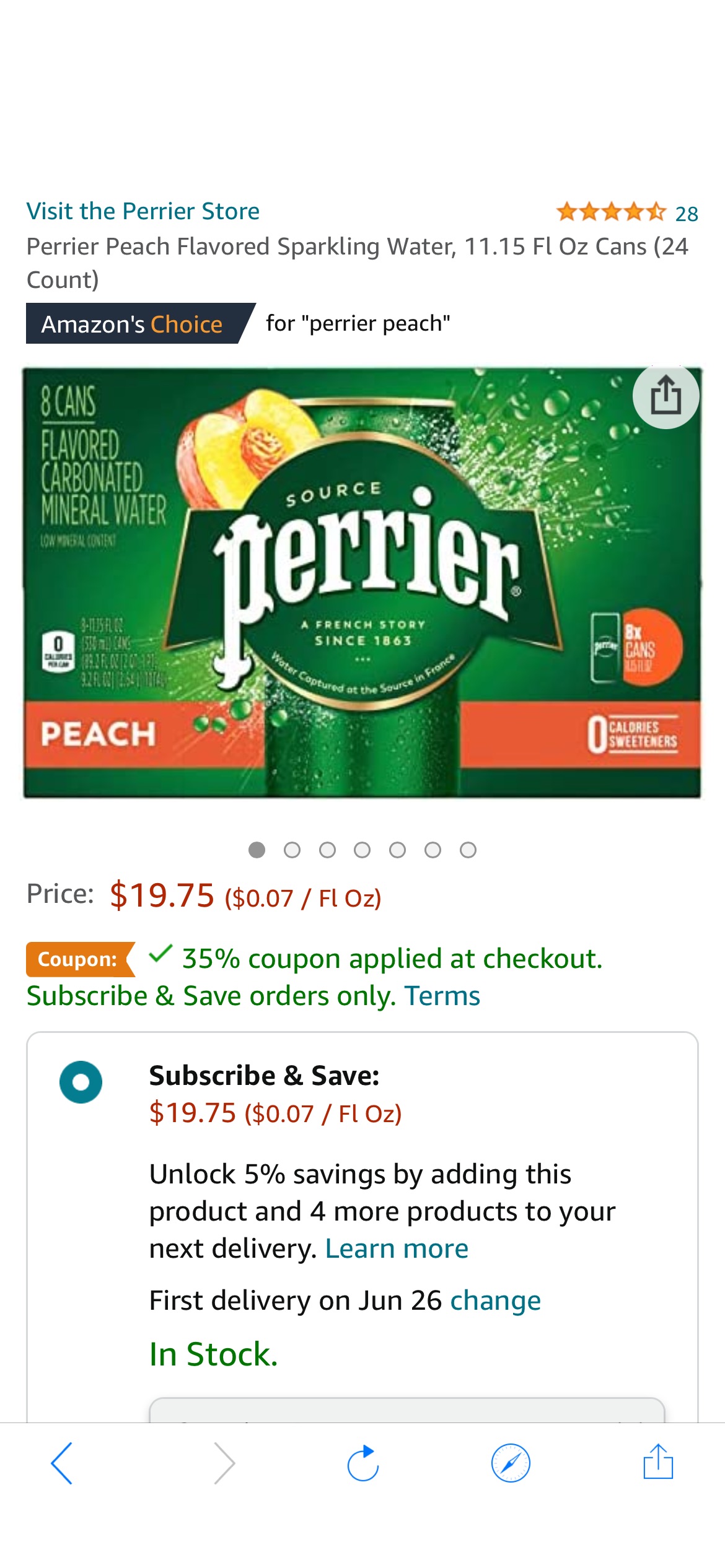 Amazon.com: Perrier Peach Flavored Sparkling Water, 11.15 Fl Oz Cans (24 Count) : Grocery & Gourmet Food 气泡水35%off
