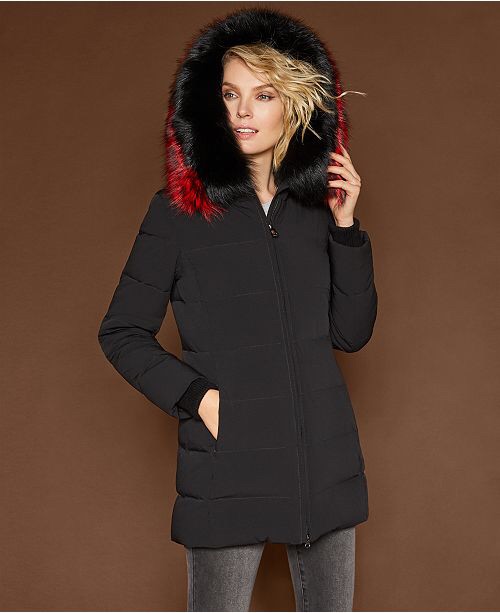 女士带帽上衣The Fur Vault Hooded Fox-Trim Coat