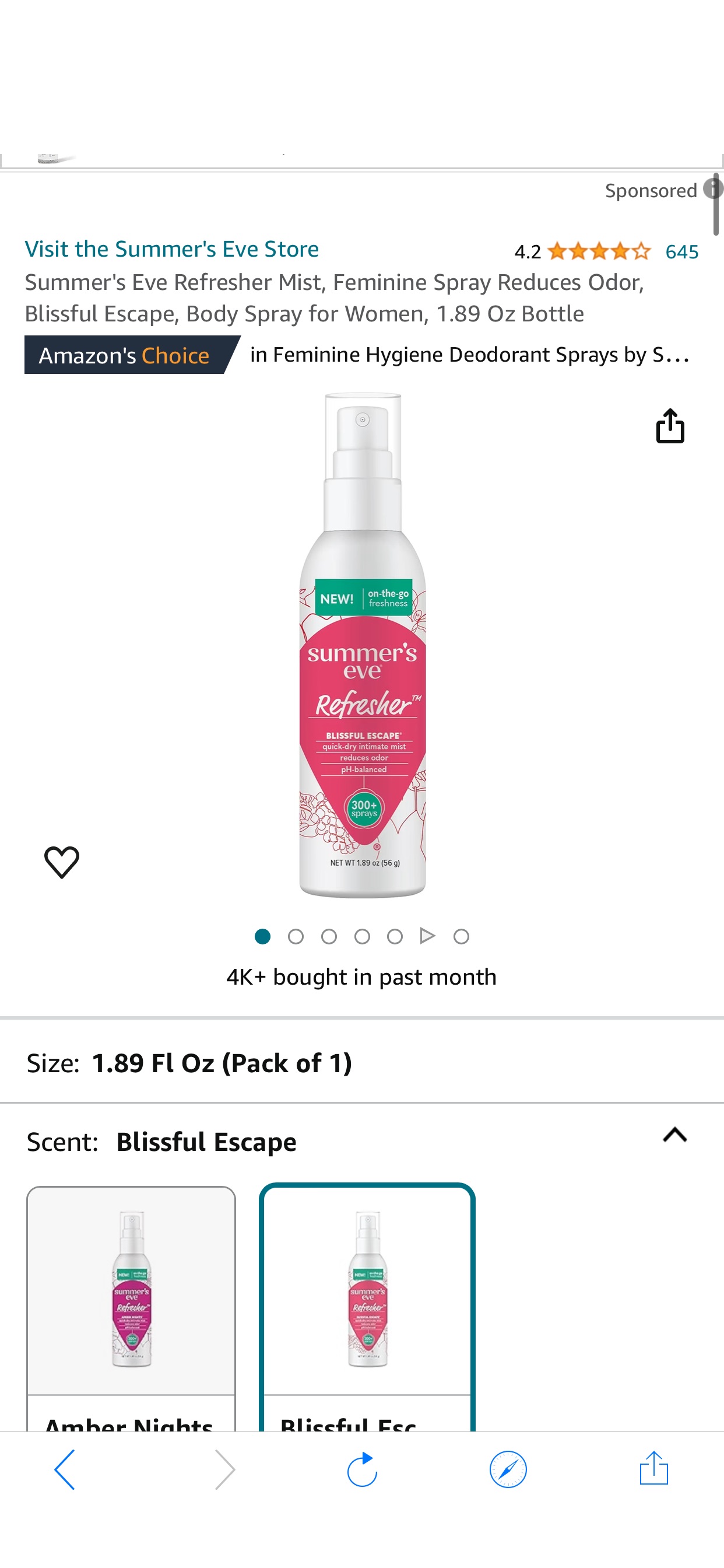 Amazon.com: Summer's Eve Refresher Mist, Feminine Spray Reduces Odor, Blissful Escape, Body Spray for Women, 1.89 Oz Bottle : 女士私处喷雾