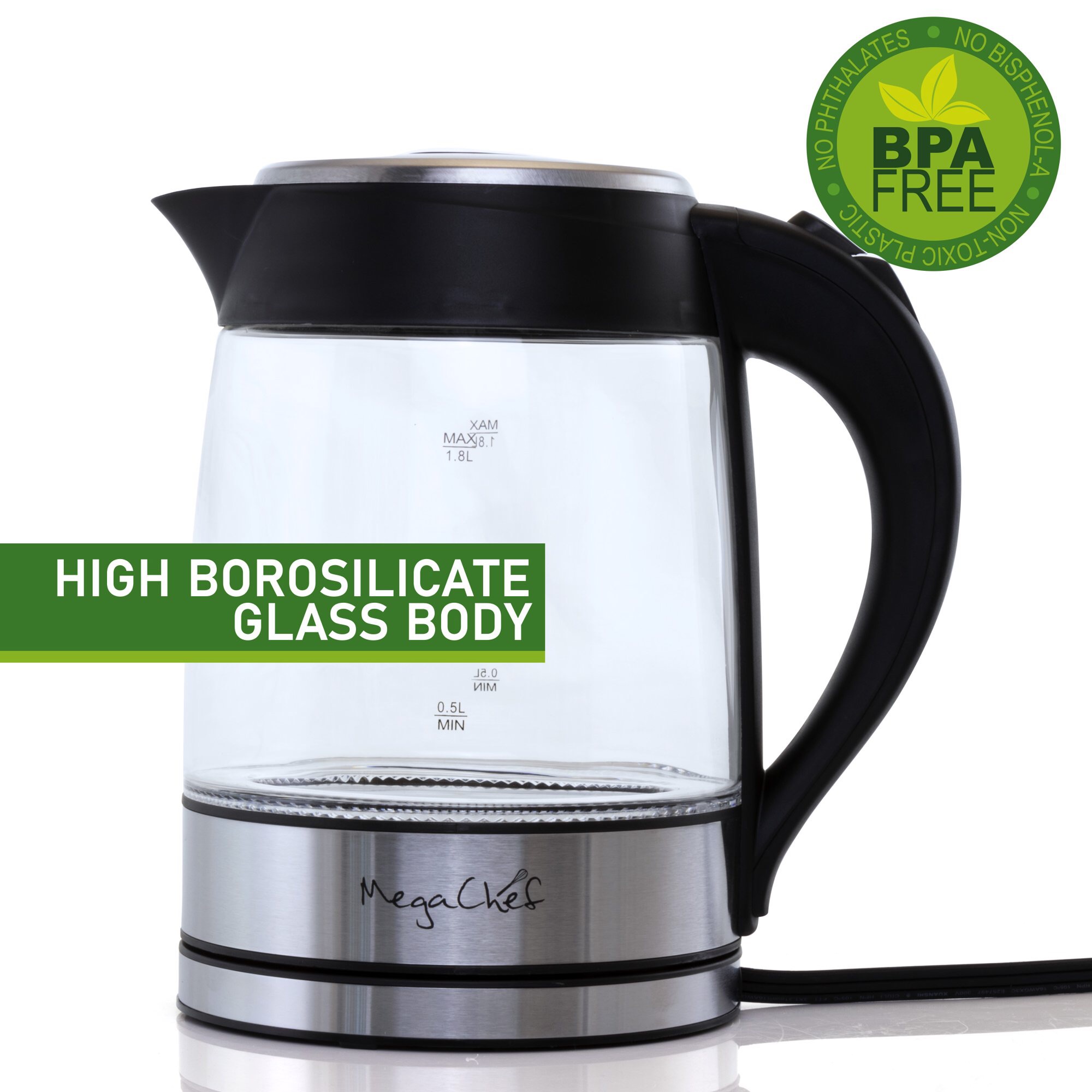 MegaChef 1.8 Liter Glass and Stainless Steel Electric Tea Kettle 冷水壶
