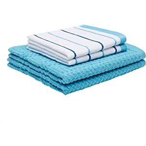 Amazon Basics 100% Cotton Kitchen Dish Cloth (12x12) & Towel (26x16) Set, Absorbent Ringspun - 4-Pack, Blue Stripe