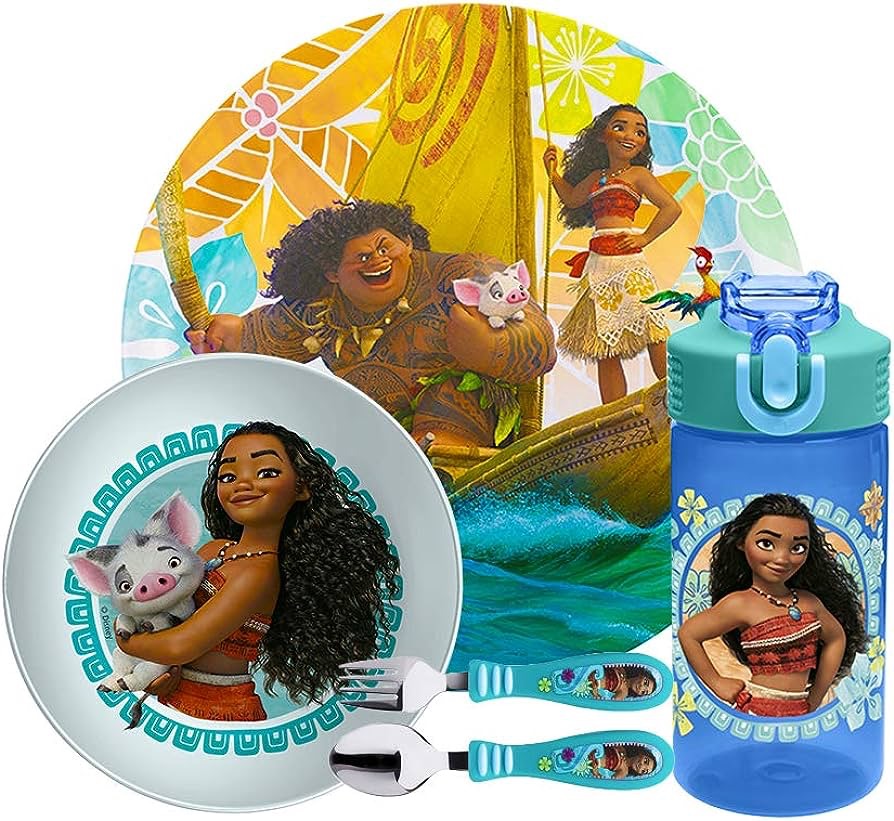 Amazon.com: Zak Designs Moana Dinnerware Set Includes Plate, Bowl, Water Bottle, and Utensil Tableware, Made of Durable Material and Perfect for Kids (Moana and Maui, 5 Piece Set, BPA Free) : Baby