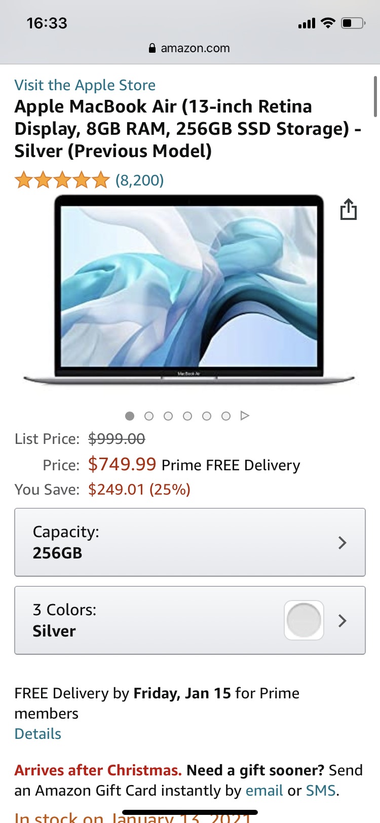 Amazon.com: Apple MacBook Air (13-inch Retina Display, 8GB RAM, 256GB SSD Storage) - Silver (Previous Model) 银色降价