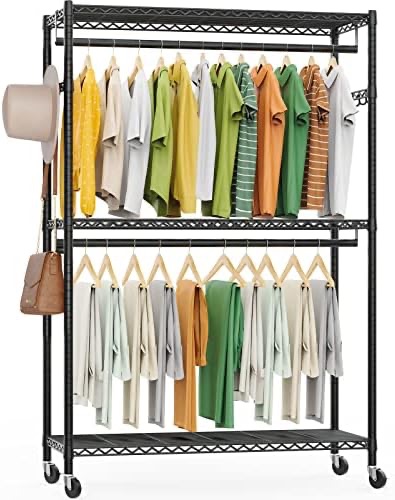 Amazon.com: Heavy Duty Garment Rack on Wheels, Portable Clothes Racks for hanging clothes, Simple Sturdy Wardrobe Rack with Double Hanging Bar, 2 Hanger Hooks - Hold Up to 400Lbs (Black, 2Rod 2Hook) :