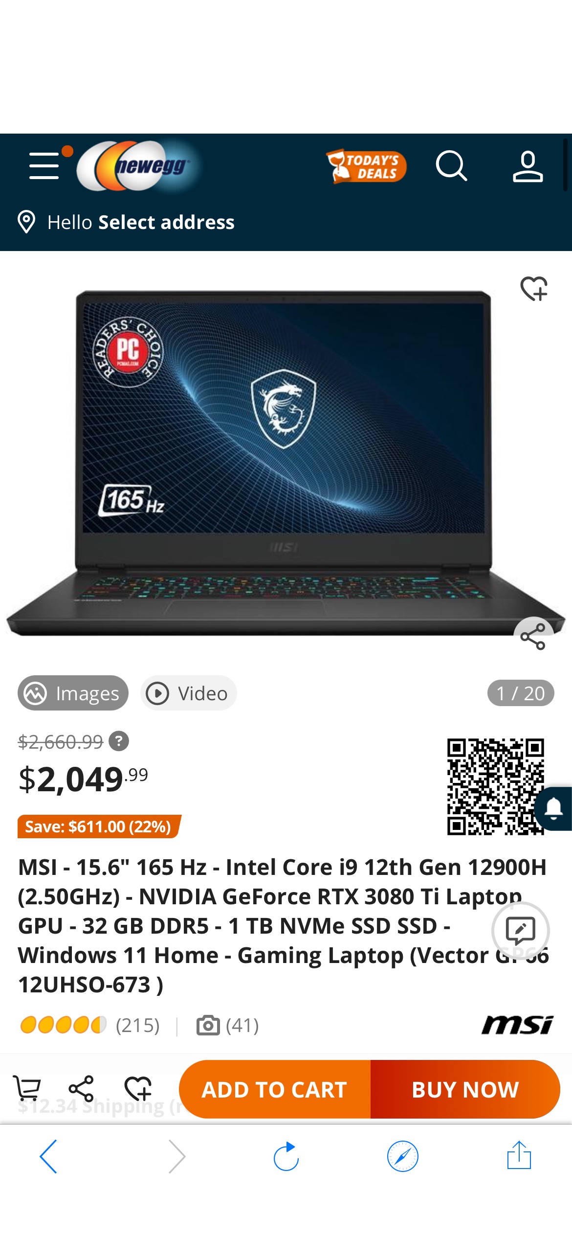 MSI - 15.6" 165 Hz - Intel Core i9 12th Gen 12900H (2.50GHz) - NVIDIA GeForce RTX 3080 Ti Laptop GPU - 32 GB DDR5 - 1 TB NVMe SSD SSD - Windows 11 Home - Gaming Laptop