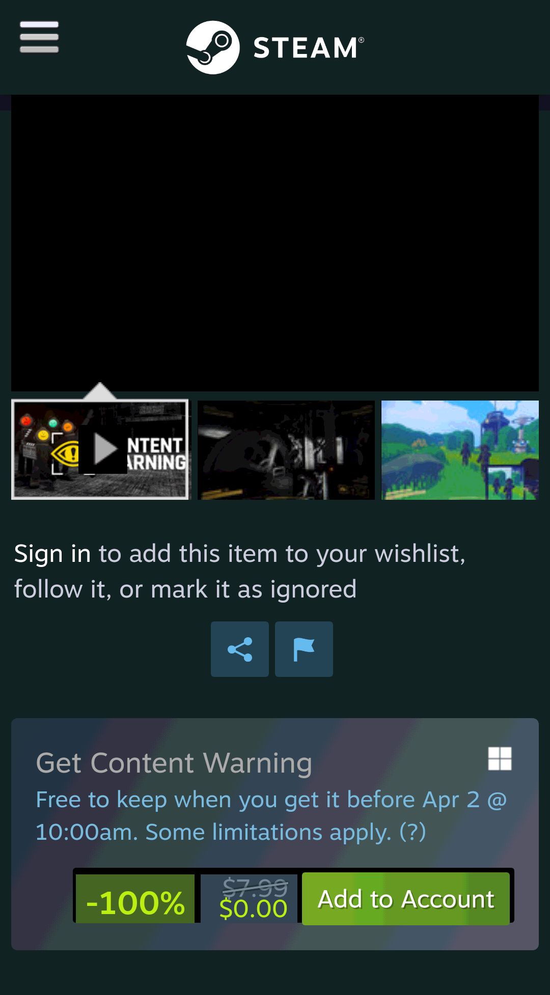 Save 100% on Content Warning on Steam喜加一
