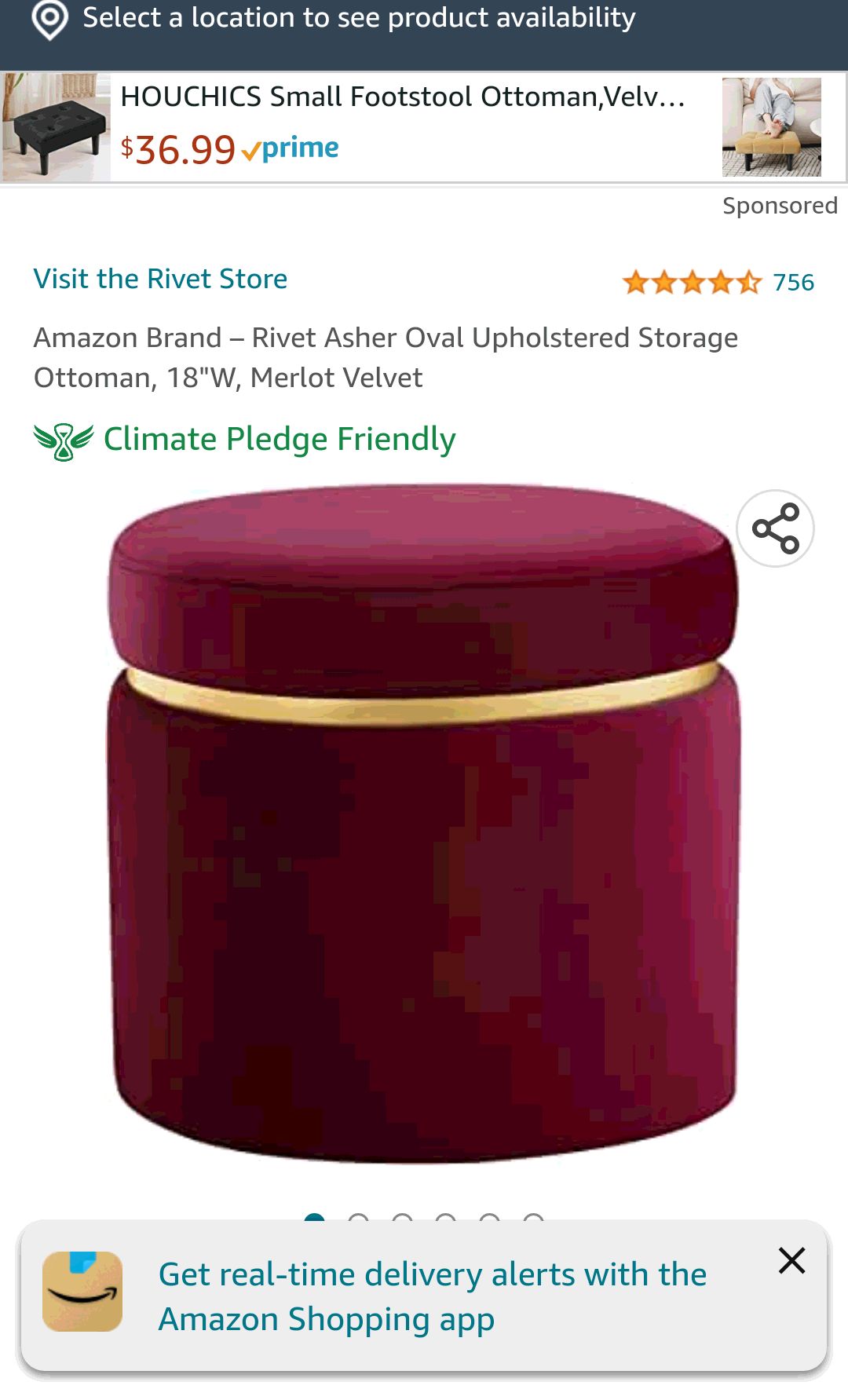 Amazon Brand – Rivet Asher Oval Upholstered Storage Ottoman, 18"W, Emerald Velvet : Home & Kitchen