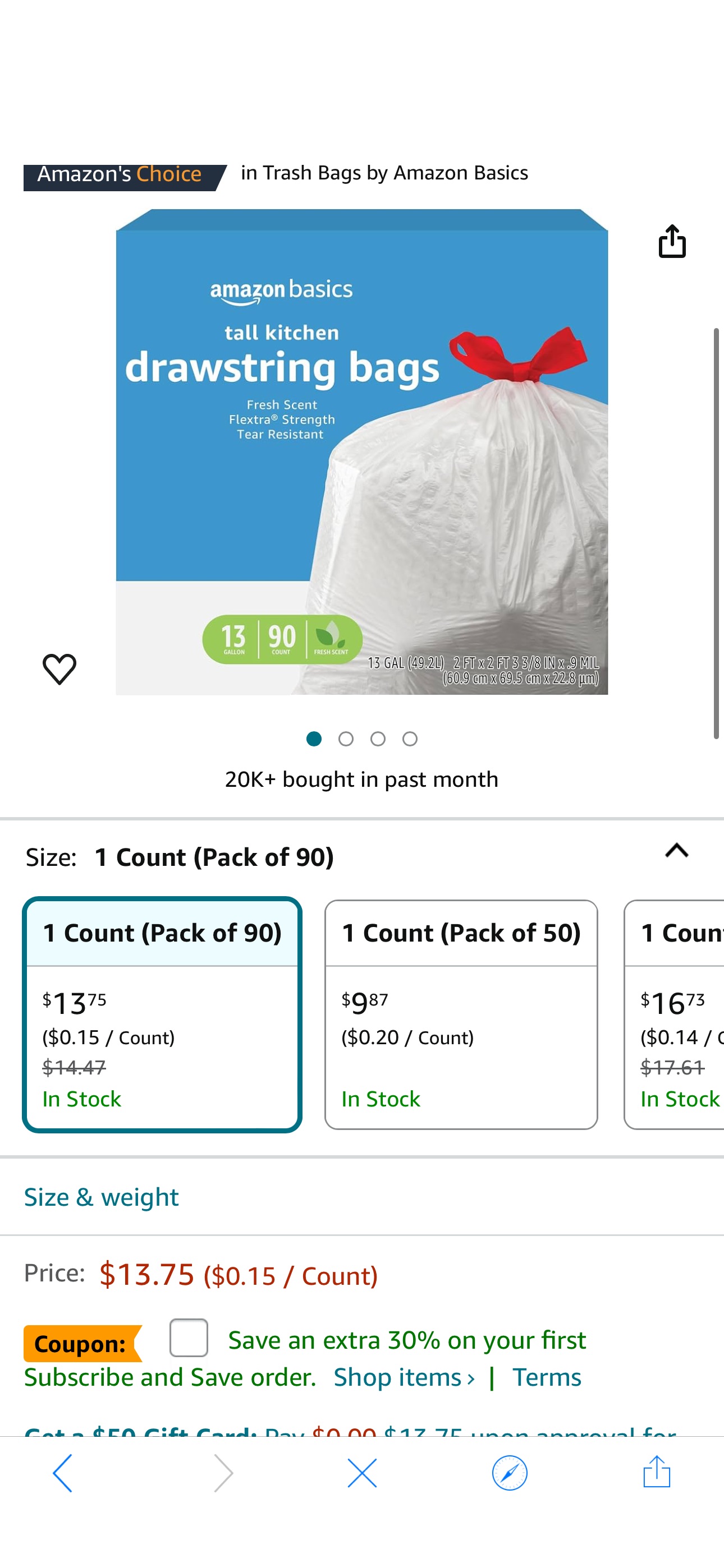 Amazon.com: Amazon Basics Flextra Tall Kitchen Drawstring Trash Bags, Fresh Scent, 13 Gallon, 90 Count : Health & Household