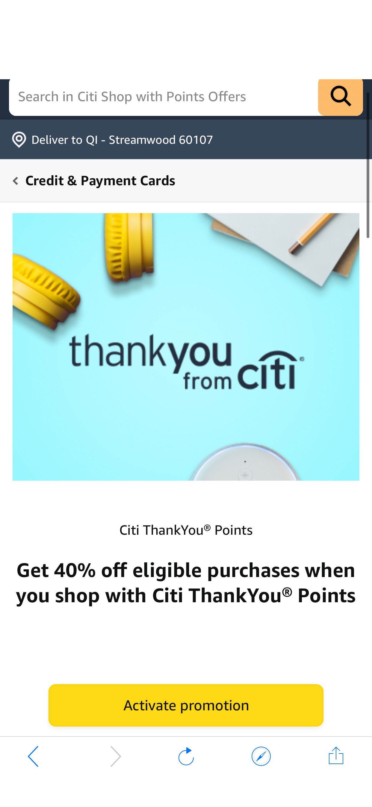 Amazon.com: Citi 使用points有40%折扣，最多$20
