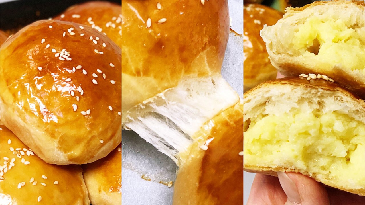 没有面包机（手揉）也能做出松软拉丝的小面包，内附简易奶黄馅做法