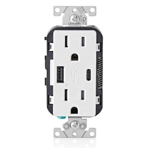 Leviton 15 Amp Decora Tamper-Resistant Duplex Outlet with Type A and C USB Charger, White (2-Pack)