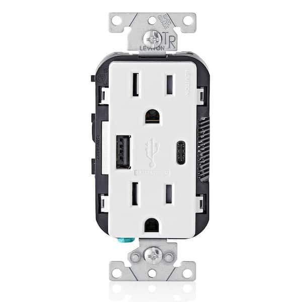 15 Amp Decora Tamper-Resistant Duplex Outlet with Type A and C USB Charger, White (2-Pack)