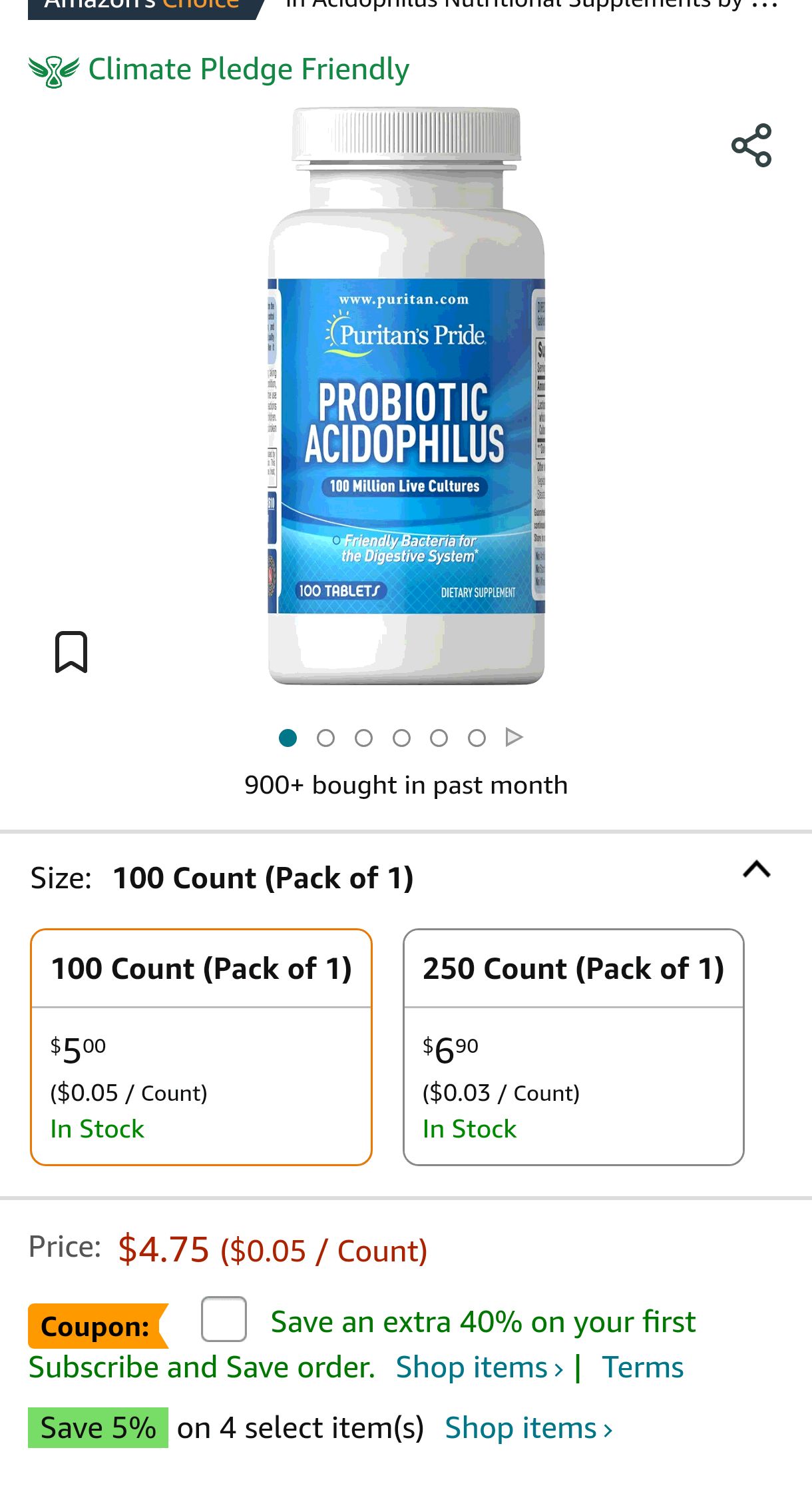 Puritan's Pride Probiotic Acidophilus Tablets, White, 100 Count : Health & Household
