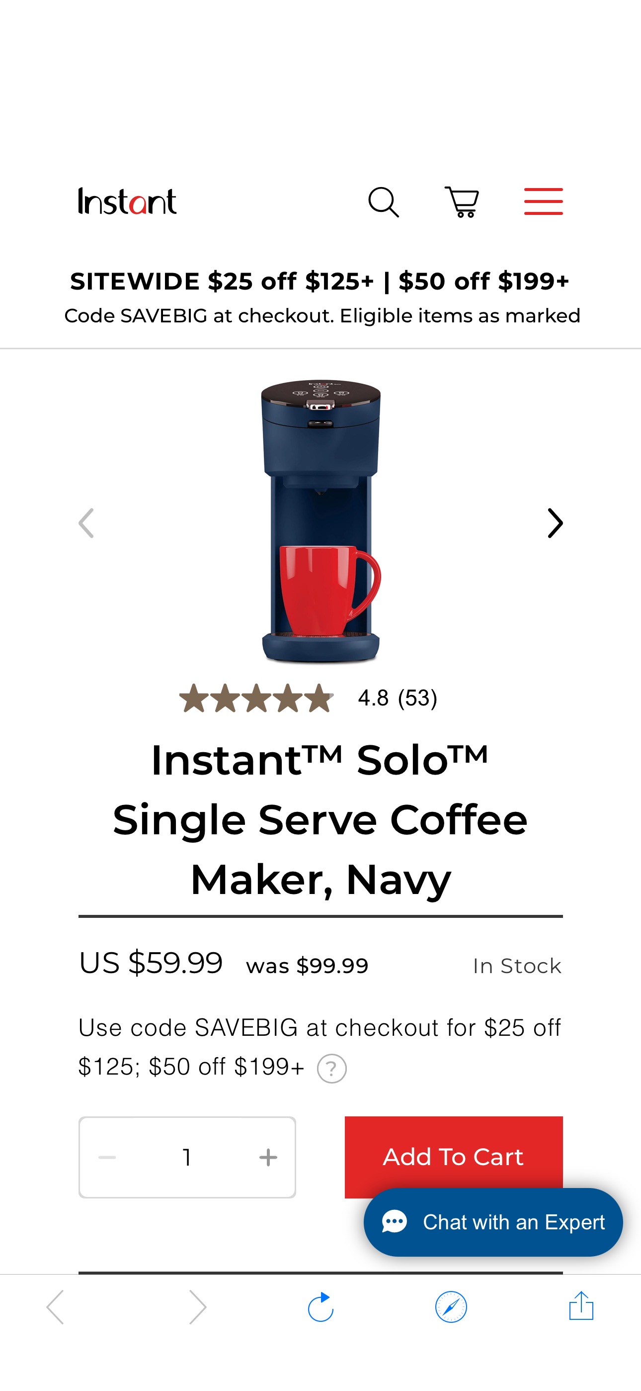 Instant™ Solo™ Single Serve Coffee Maker, Navy | Instant Home
