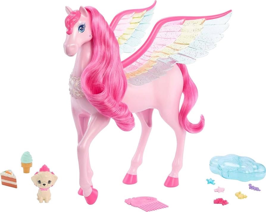 Amazon.com: Barbie A Touch of Magic Pegasus, Pink Winged Horse Toy with 10 Accessories Including Puppy & Barrettes : Toys & Games