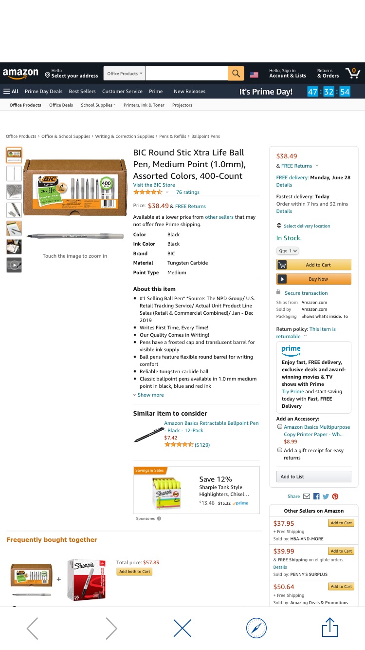 Amazon.com : BIC Round Stic Xtra Life Ball Pen, Medium Point (1.0mm), Assorted Colors, 400-Count : Office Products黑笔
