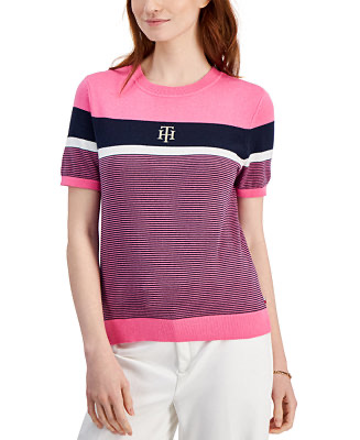 Tommy Hilfiger Women's Cotton Colorblocked Short-Sleeve Sweater - Macy's