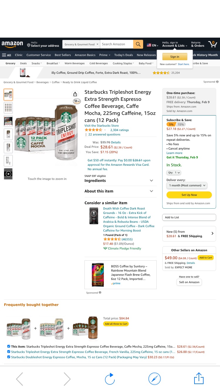 Amazon.com: Starbucks Tripleshot Energy Extra Strength Espresso Coffee Beverage, Caffe Mocha, 225mg Caffeine, 15oz cans (12 Pack) : Grocery & Gourmet Food