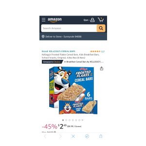 $2.49 Amazon.com: Kellogg s Frosted Flakes Cereal Bars, Kids Breakfast Bars, School Snacks, 为Original, 4.8oz Box (6 Bars)