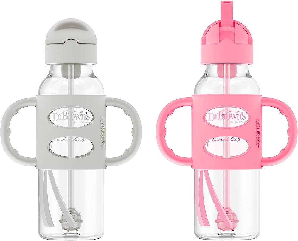 Amazon.com: Dr. Brown’s® Milestones™ Narrow Sippy Straw Bottle with 100% Silicone Handles, 8oz/250mL, Gray & Pink, 2 Pack, 6m+ : Everything Else