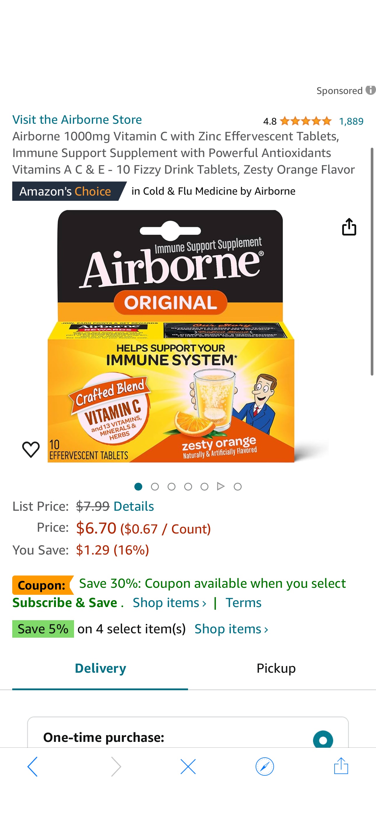 Amazon.com: Airborne 1000mg Vitamin C with Zinc Effervescent Tablets, Immune Support Supplement with Powerful Antioxidants Vitamins A C & E - 10 Fizzy Drink Tablets, Zesty Orange Flavor : Health & Hou