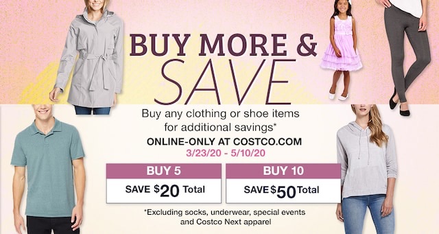 Costco 服装买5件减$20，买10件减$50。