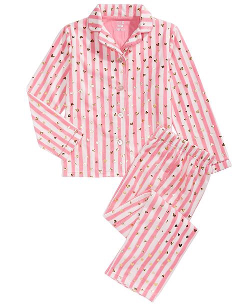 女童睡衣Max & Olivia Little & Big Girls 2-Pc. Heart-Print Striped Fleece Pajama Set & Reviews - Pajamas - Kids - Macy's