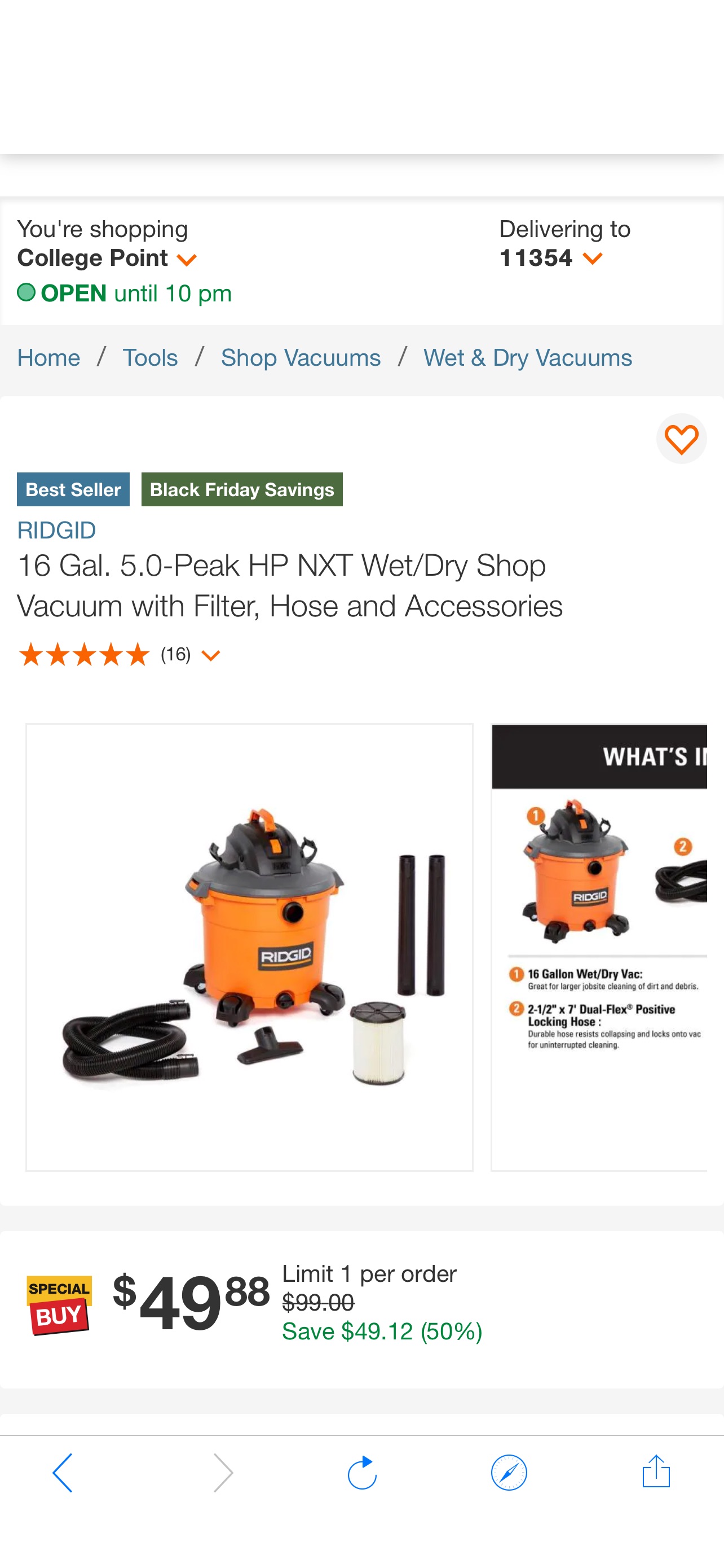 黑五折扣！ RIDGID 16 Gal. 5.0-Peak HP NXT Wet/Dry Shop Vacuum with Filter, Hose and Accessories-HD1640 - The Home Depot