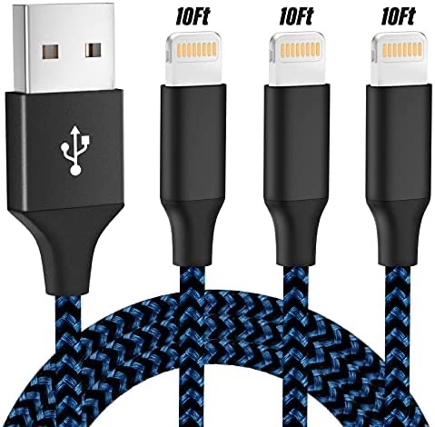 iPhone Charger Mfi Certified Lightning Cable 3Pack 10FT Nylon Braided iPhone Charger Cable Fast Charging Syncing Long Cord Compatible iPhone 12/Max/11Pro/11/XS/Max/XR/X/8/8P/7 - BlackBlue充电线