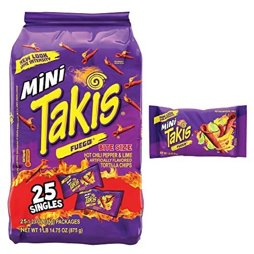 Takis Mini Fuego Rolled Tortilla Chips, Hot Chili Pepper and Lime Artificially Flavored 25 Packs
