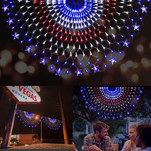 (新) FUNIAO 美国国旗灯，250 个 LED 扇形国旗网灯，户外爱国灯挂饰 7 月 4 日，爱国者日，独立日