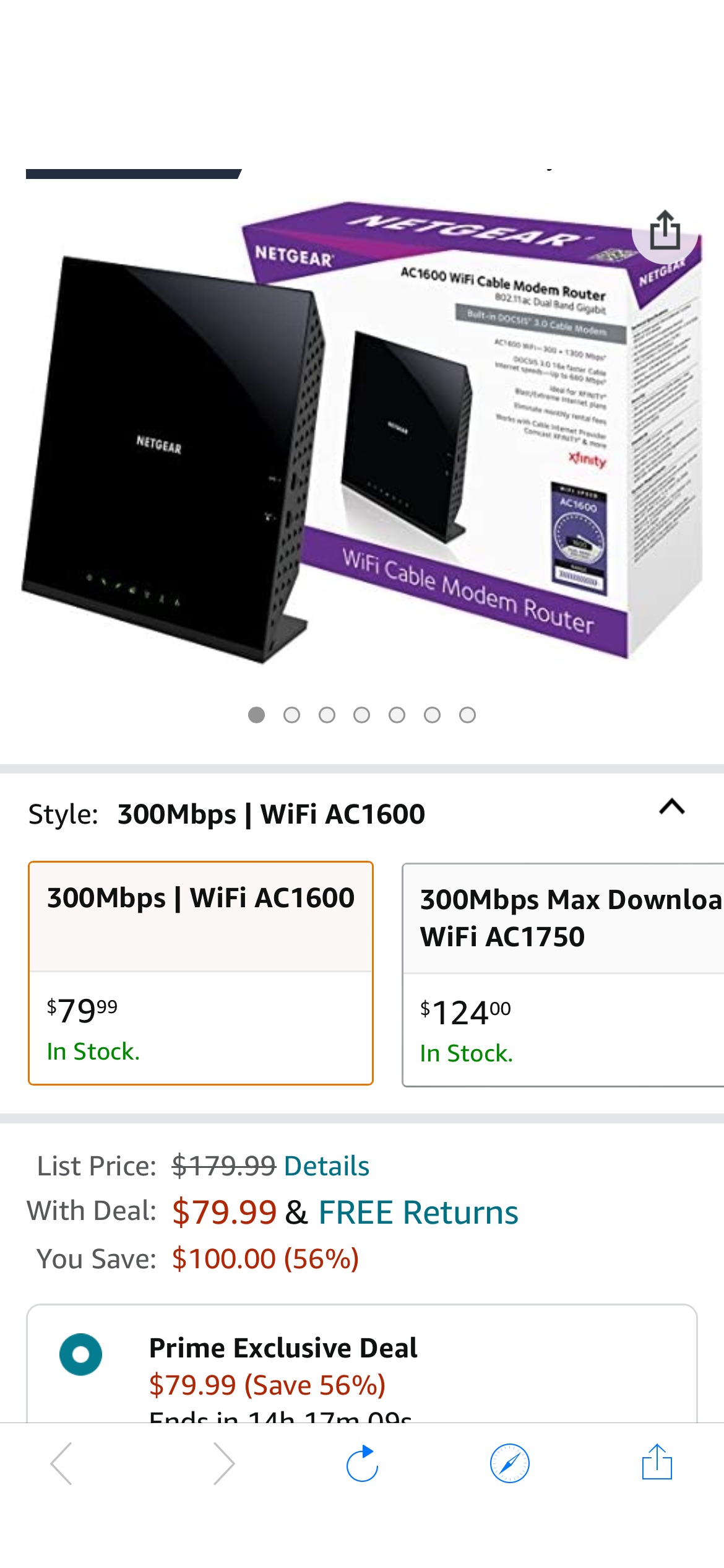 Wi-Fi 路由器，4折优惠。Netgear C6250-100NAS AC1600 (16x4) WiFi Cable Modem Router Combo (C6250) DOCSIS 3.0 Certified for Xfinity Comcast, Time Warner Cable, Cox, & more : Everything Else