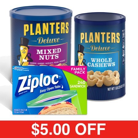 Planters Deluxe Mixed Nuts, Deluxe Whole Cashews, & Ziploc Sandwich Bags