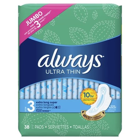 Ultra Thin, Size 3, Extra Long Super Pads With Wings, Unscented, 38 Count