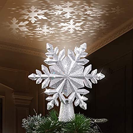 Christmas Tree Topper Lighted, Snowflake Tree Topper Projector with LED Rotating投影树帽