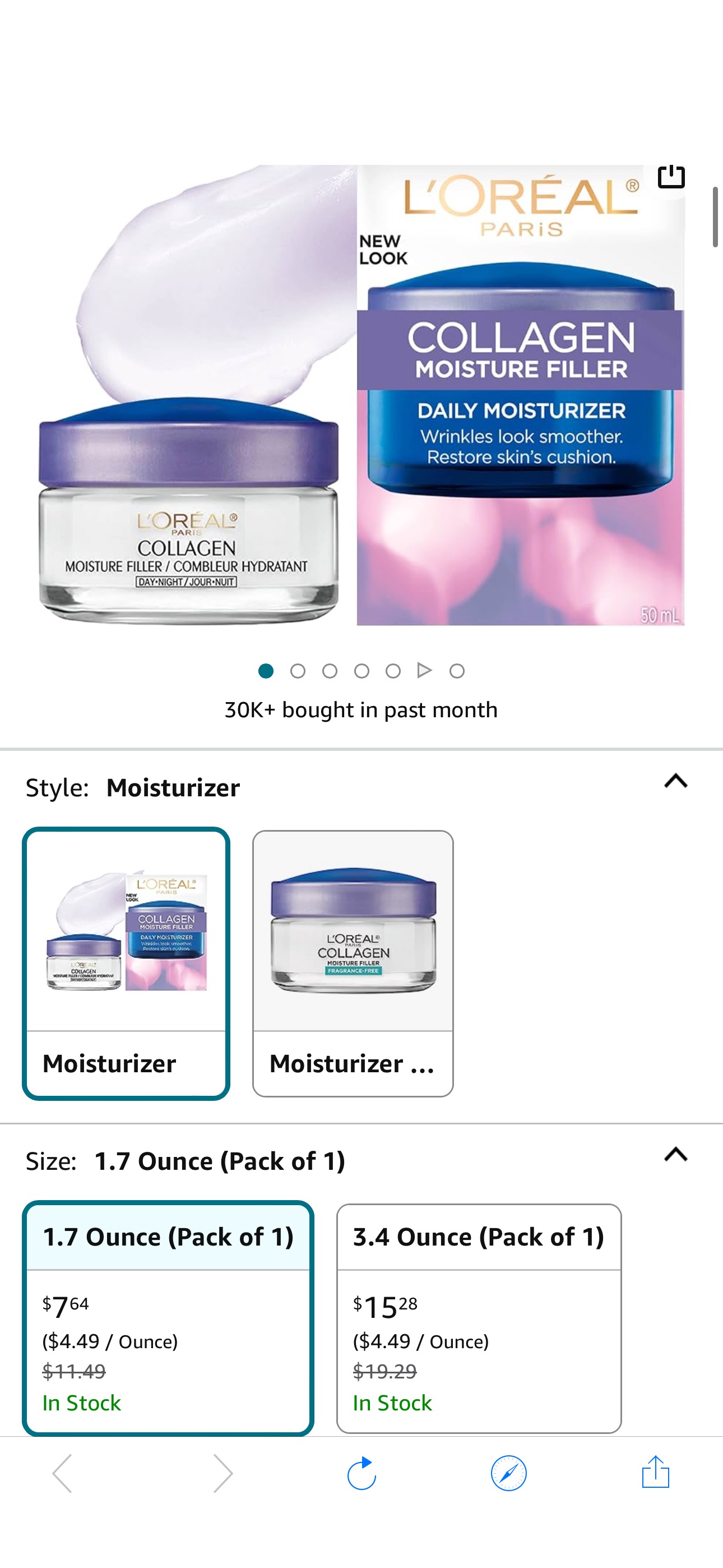 Amazon.com: L’Oréal Paris Collagen Daily Face Moisturizer, Reduce Wrinkles, Face Cream 1.7 oz : Beauty & Personal Care   2.78 after clip 4.05 Q+ 15%s&s 
有些人還會有10% Q  可以到旁邊產品找看看