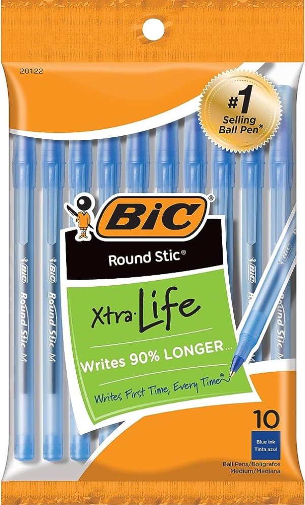 BIC Round Stic Xtra Life Blue Ballpoint Pens, 10-Count
