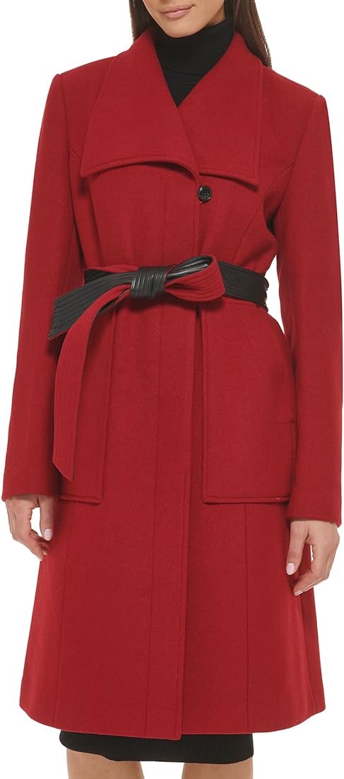 Amazon.com: Cole Haan Women's Belted Coat Wool with Cuff Details, RED : Clothing, Shoes & Jewelry