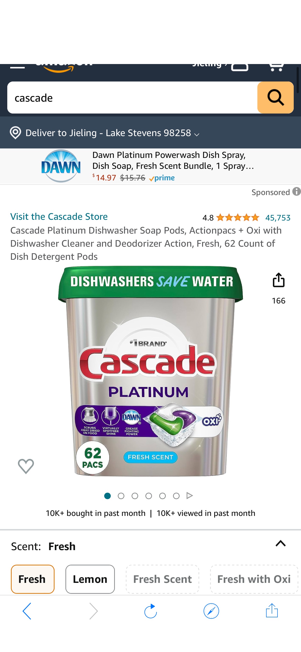 Amazon.com: Cascade Platinum Dishwasher Soap Pods, Actionpacs + Oxi with Dishwasher Cleaner and Deodorizer Action, Fresh, 62 Count of Dish Detergent Pods : Health & Household