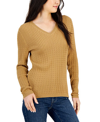 Tommy Hilfiger Women's Cotton Cable-Knit V-Neck Ivy Sweater - Macy's