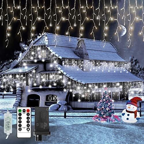 户外圣诞冰柱灯 65.7 英尺 720 LED 144 颗，带遥控定时器的圣诞灯插头，冰柱灯 8 种模式装饰品，适用于屋顶露台房屋楼梯派对 - 不可连接 - 冷白色