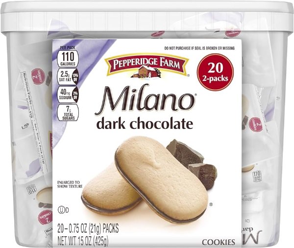 Pepperidge Farm Milano Cookies, Dark Chocolate, 20 Packs Tub