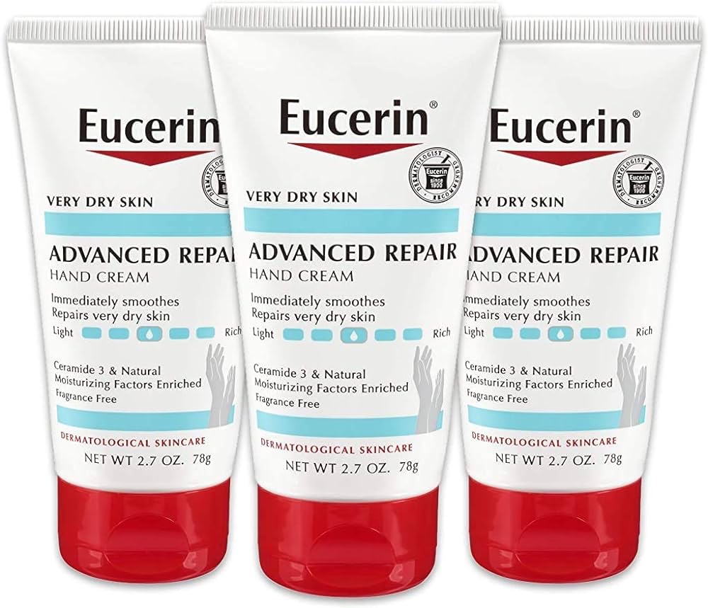 Amazon.com : Eucerin Advanced Repair Hand Cream - Fragrance Free, Hand Lotion for Very Dry Skin - 2.7 Ounce (Pack of 3) (需点击20%订阅优惠）